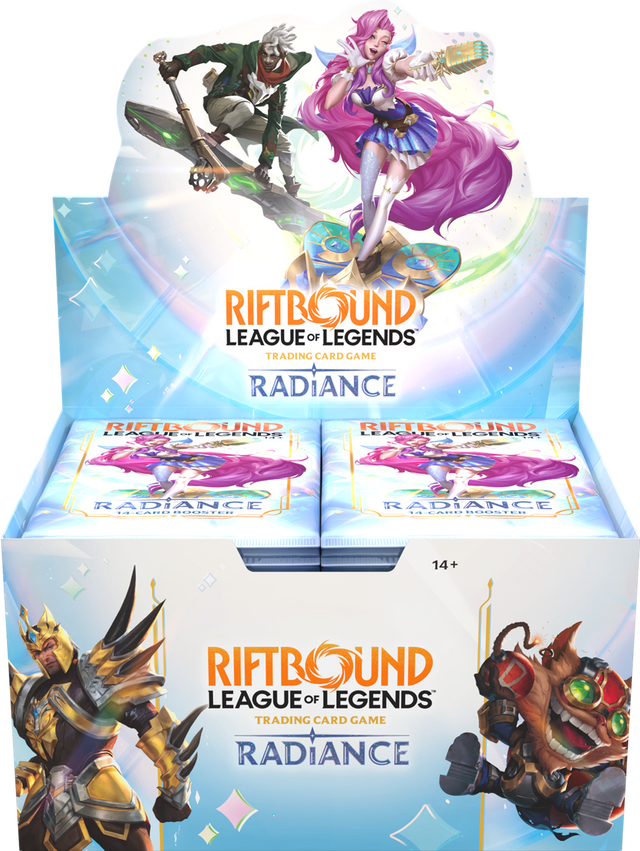 Riftbound: Radiance Booster Box by UVS Games showing colorful booster packs and game cards on a table.