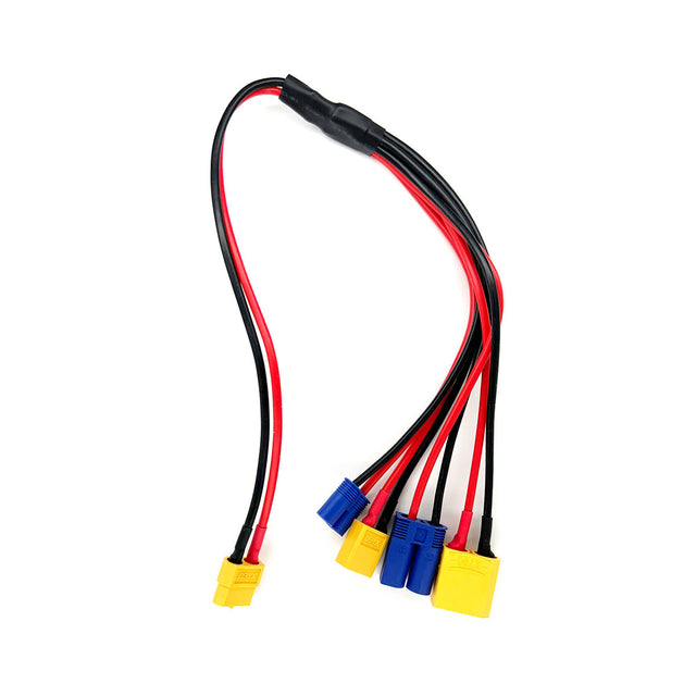 Racers Edge female XT60 to male XT60, XT90, EC3, EC5 RC car charge adapter connected to various battery connectors.