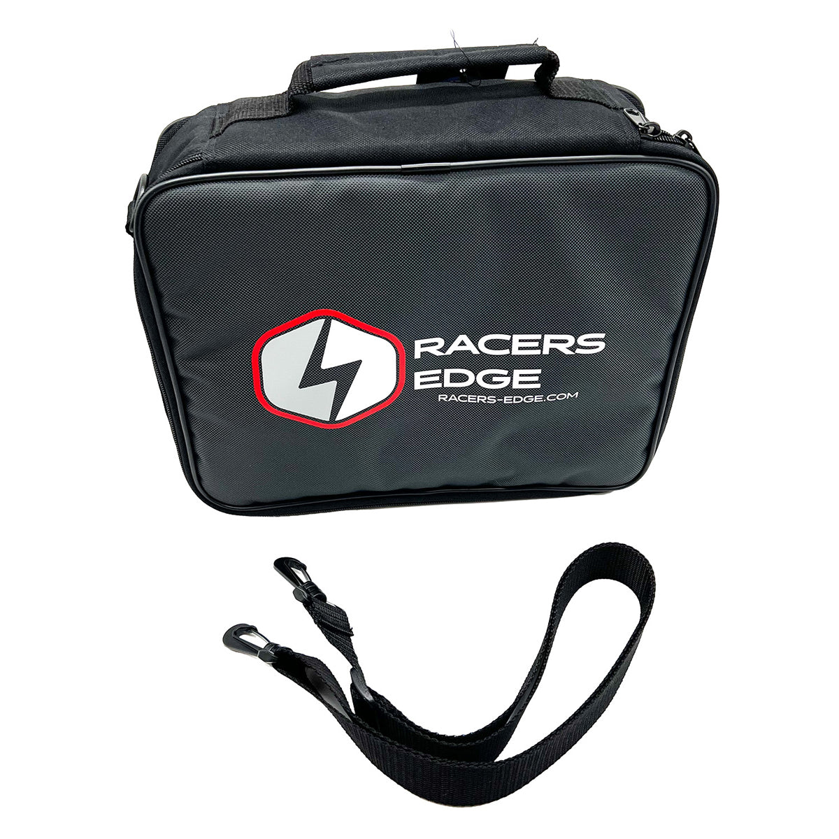 Racers Edge Mini-Z RC car in a padded protective case, showcasing a compact and durable storage solution for remote control cars.