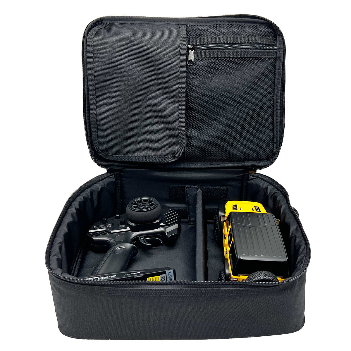 Racers Edge Mini-Z padded case for RC cars, black with branding, designed for secure transport of small remote control vehicles.