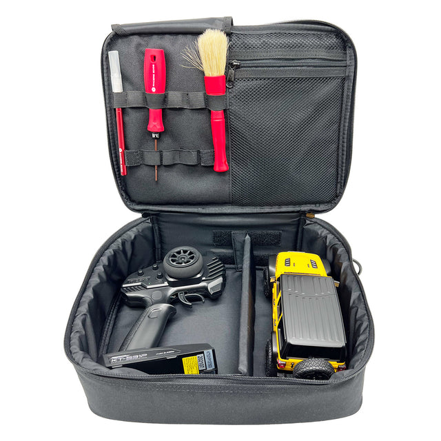 Racers Edge Mini-Z RC car with padded carrying case, compact and protective for easy transport and storage.