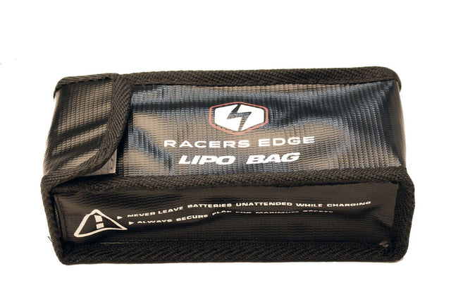 Racers Edge Lipo Battery Charging Safety Bag for up to 6S lithium polymer batteries, shown open with batteries inside.