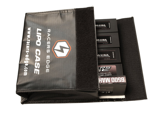Racers Edge LiPo battery charging safety briefcase with black exterior and handle, designed for safe storage and transport of batteries.
