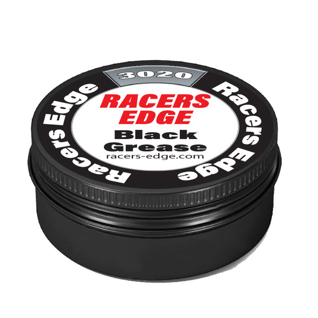 Black grease in an 8ml container for RC car maintenance by Racers Edge, shown in a small jar with a black lid and label.