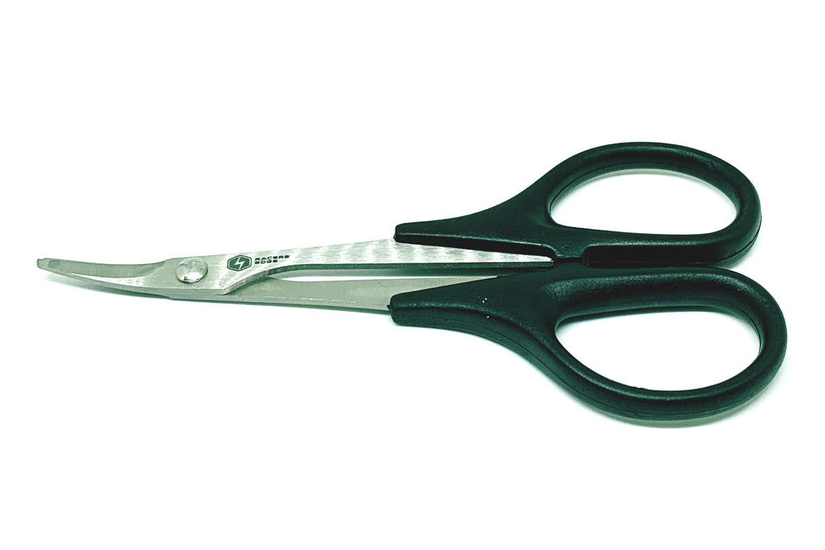 Racers Edge high-speed steel curved edge scissors for RC cars, featuring precise cutting blades and ergonomic handles.