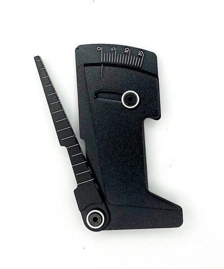 Racers Edge aluminum RC car ride height and camber gauge with digital display and measurement scales.