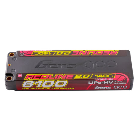 Gens Ace Redline 2.0 6100mAh 2S 140C HV LiPo battery for RC vehicles, featuring red and black design with branding labels