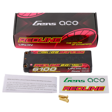 Gens Ace Redline 2.0 6100mAh 2S 140C HV LiPo battery with orange and black packaging in a box.