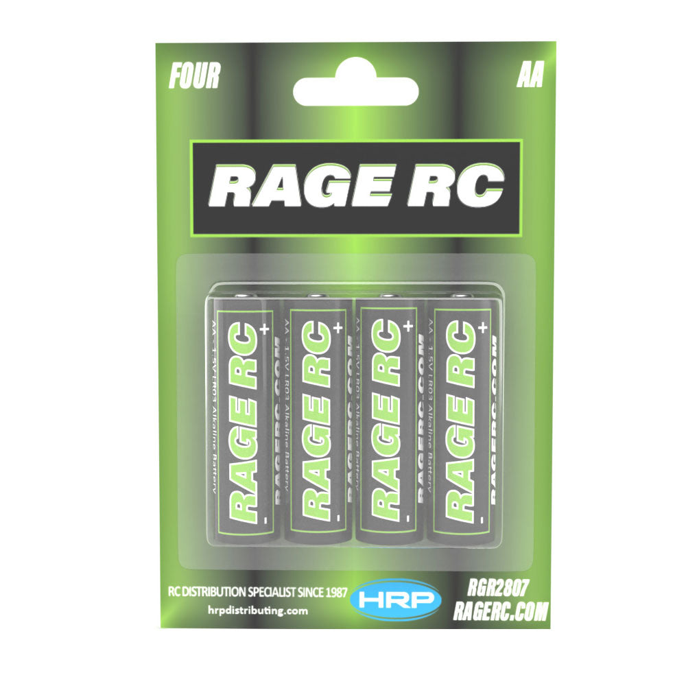 Four Rage RC AA alkaline batteries shown in a pack, suitable for remote controls and electronic devices.