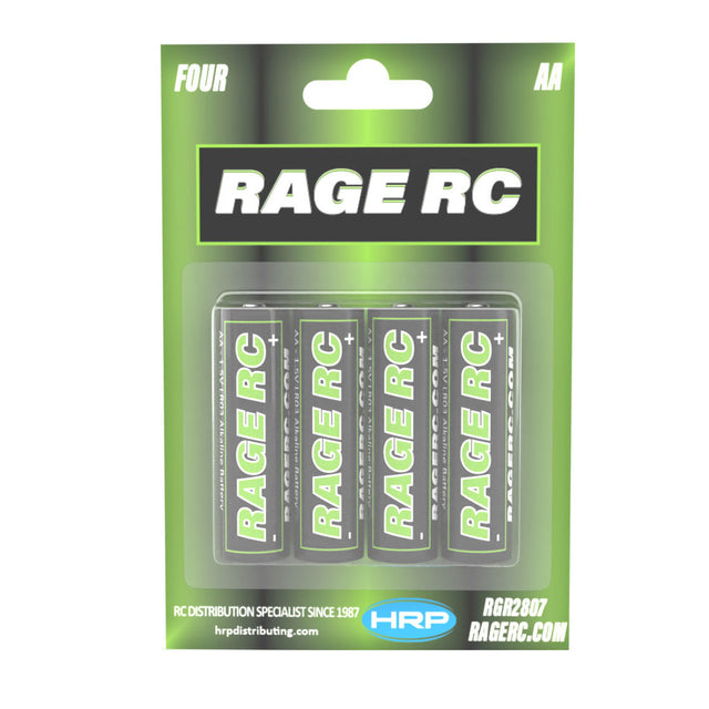 Four Rage RC AA alkaline batteries shown in a pack, suitable for remote controls and electronic devices.