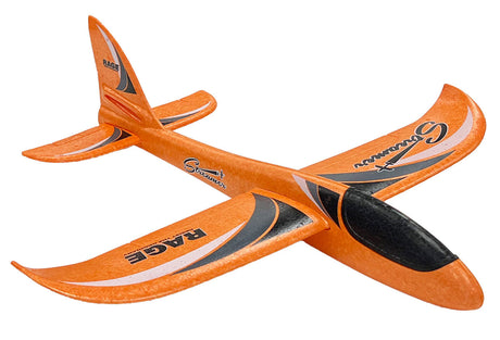 Rage RC Streamer Hand Launch Glider flying in the sky with a white and orange body, designed for remote control flying enthusiasts.