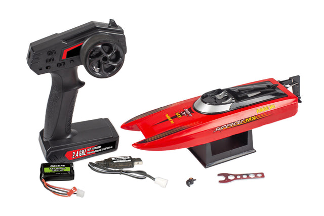 Rage RC SuperCat MX electric micro RC boat on water, featuring sleek design and vibrant color for high-speed racing.