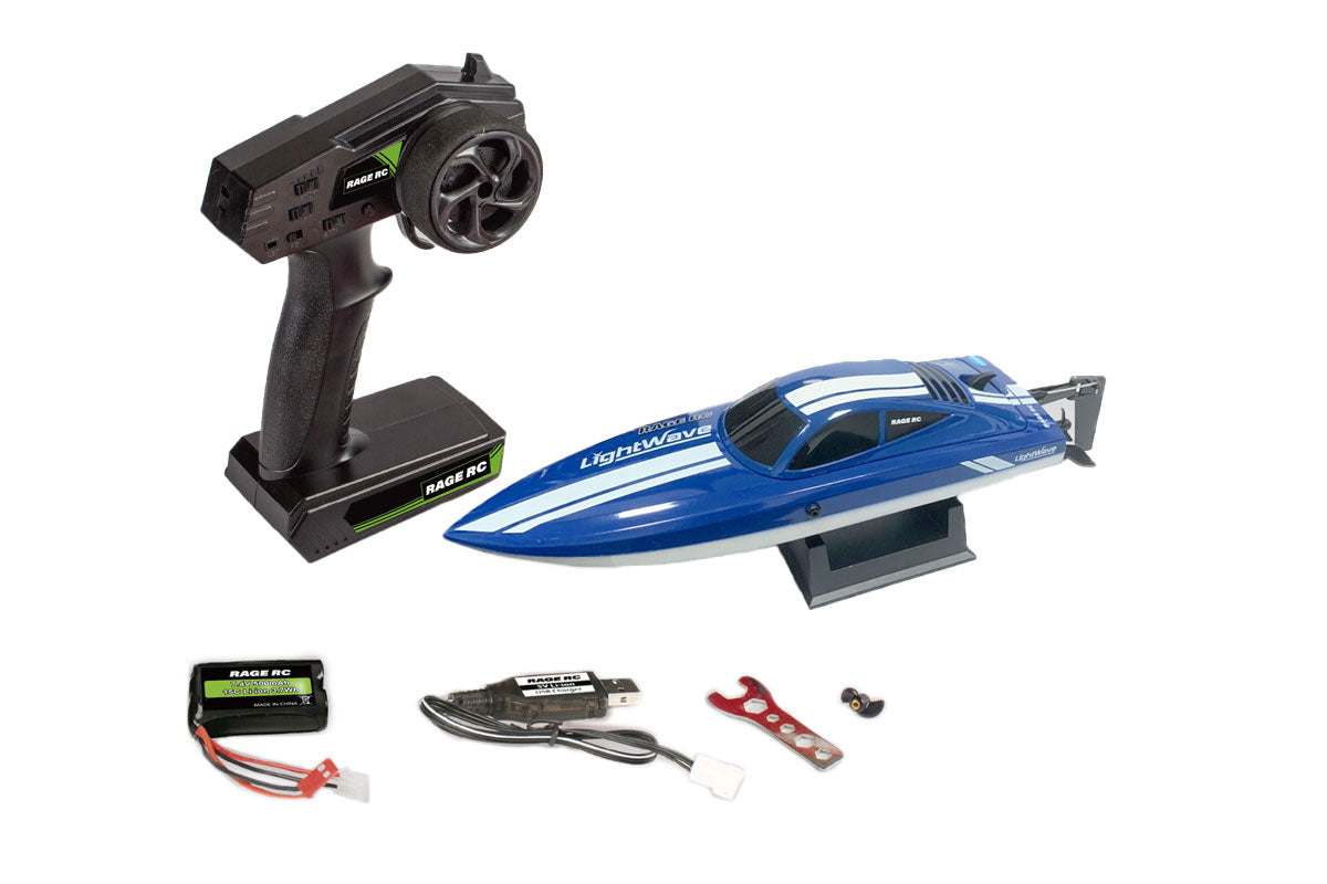 Rage RC LightWave electric micro RTR boat with sleek design, blue hull, and remote control, perfect for water racing fun.