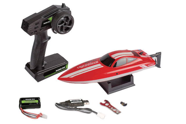 Rage RC LightWave electric micro remote-controlled boat on water, featuring sleek design and compact size for racing and recreation.