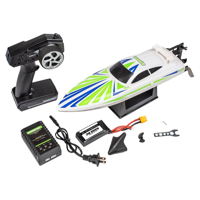 Rage RC LightWave 400BL RTR boat with sleek design and blue hull, ready for remote-controlled water racing.