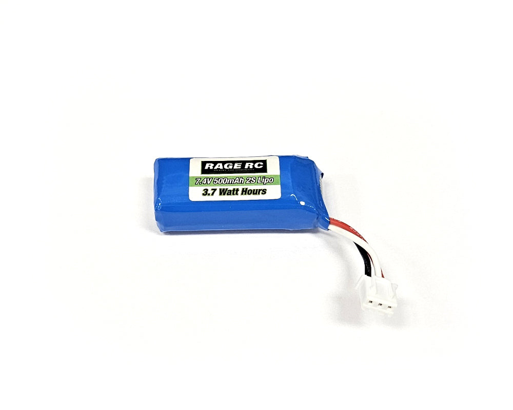 Rage RC Mini Trek 7.4V 500mAh LiPo battery with black and red connectors, designed for remote control vehicles.