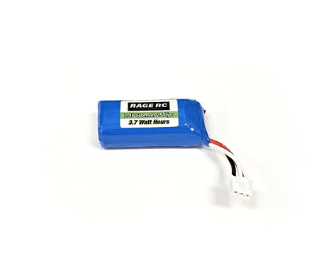 Rage RC Mini Trek 7.4V 500mAh LiPo battery with black and red connectors, designed for remote control vehicles.