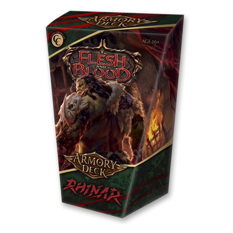 Flesh and Blood Armory Deck Rhinar card game featuring Rhinar character artwork on a colorful card.