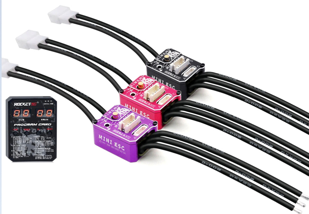 Surpass Hobby Rocket-RC Kiwami Pro V2 Mini 24-30A sensored ESC for RC cars, with wiring and connectors visible.