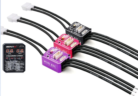 Surpass Hobby Rocket-RC Kiwami Pro V2 Mini 24-30A sensored ESC for RC cars, with wiring and connectors visible.