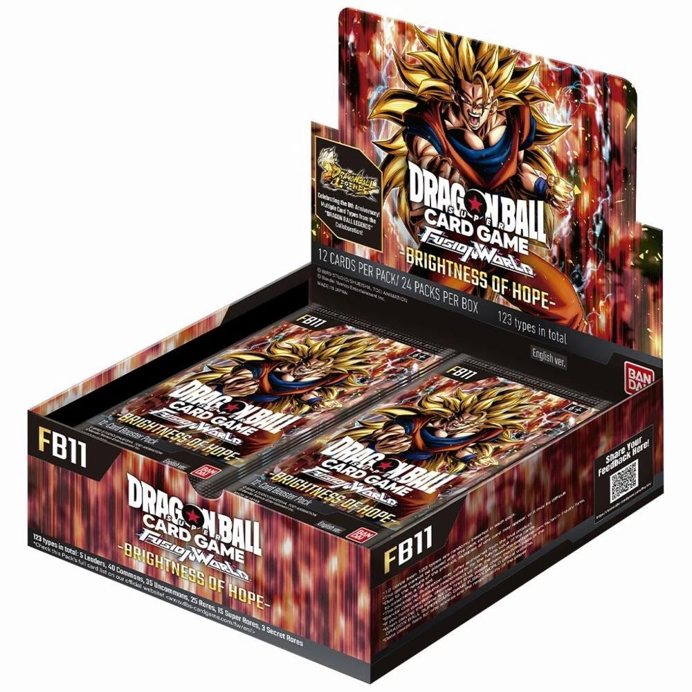 Bandai Dragon Ball Fusion World Brightness of Hope Booster Box featuring colorful booster packs and game artwork.