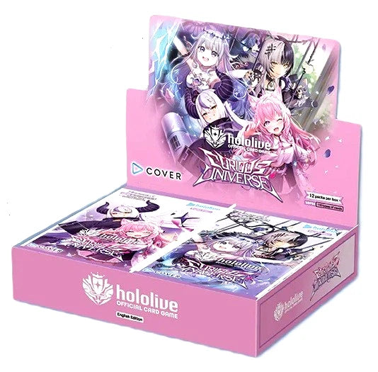 Hololive Curious Universe Booster Box by BushiRoad showing colorful card packs and artwork from the collectible card game.