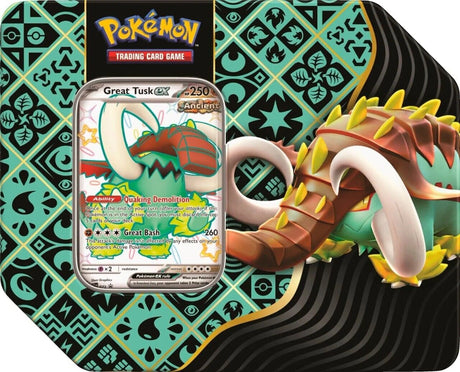 Pokemon Paldean Fates Tins for Pokémon TCG, featuring colorful tins with Pokémon characters and booster packs inside.