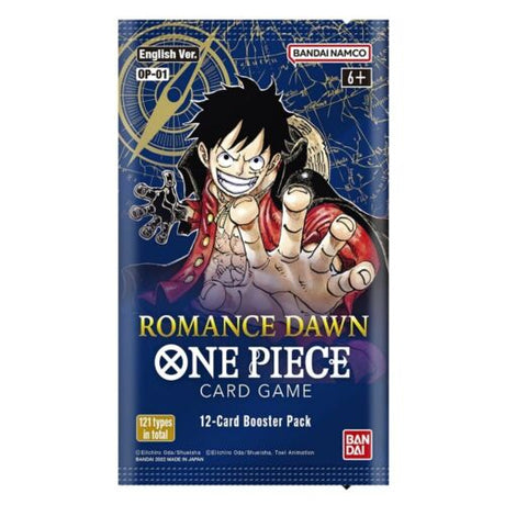 Bandai One Piece TCG Romance Dawn Booster Pack of collectible trading cards featuring vibrant character artwork.