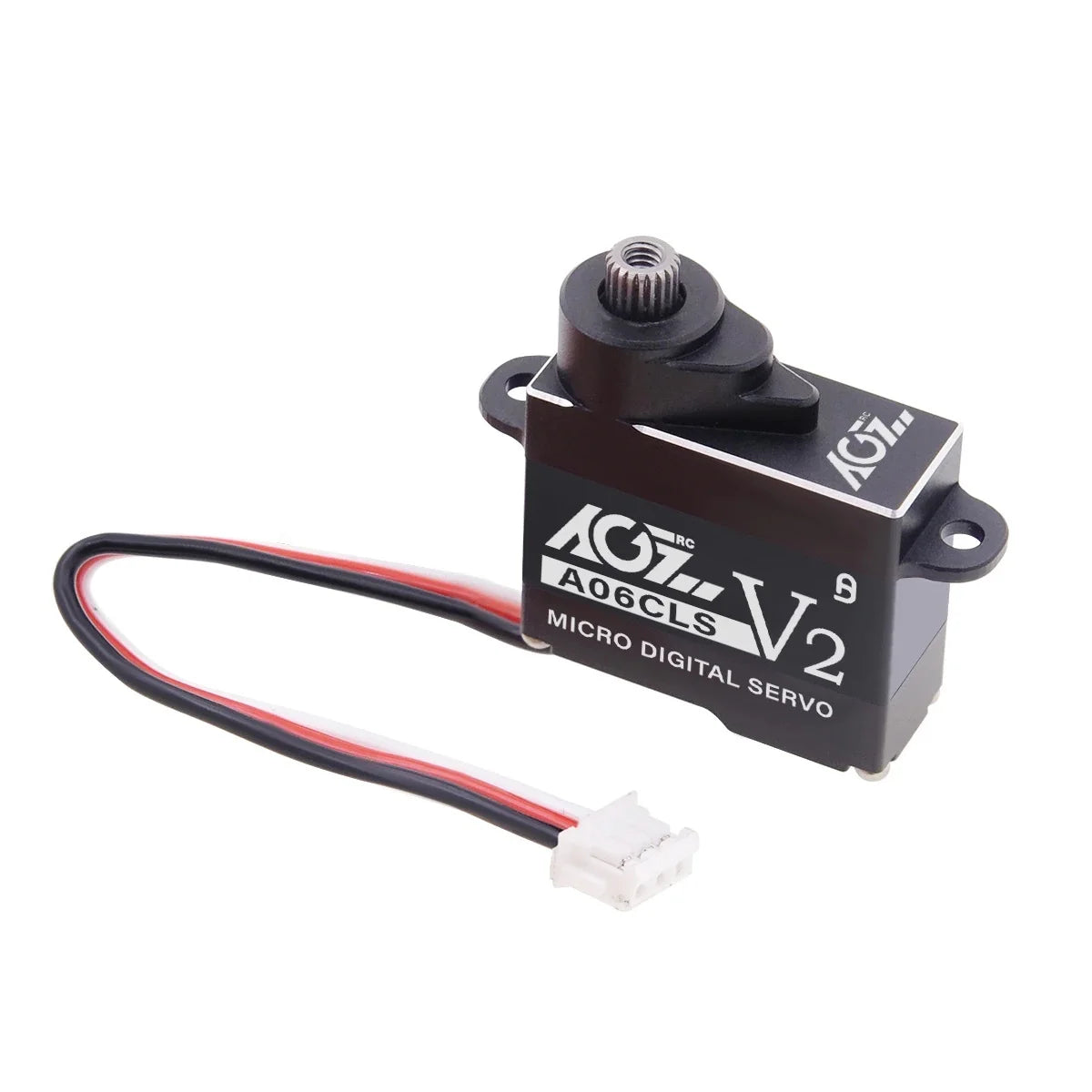 AGF RC A06CLS v2 digital coreless micro servo for RC cars, showing the compact servo motor with wiring and mounting hardware.