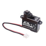 AGF RC A06CLS v2 digital coreless micro servo for RC cars, showing the compact servo motor with wiring and mounting hardware.
