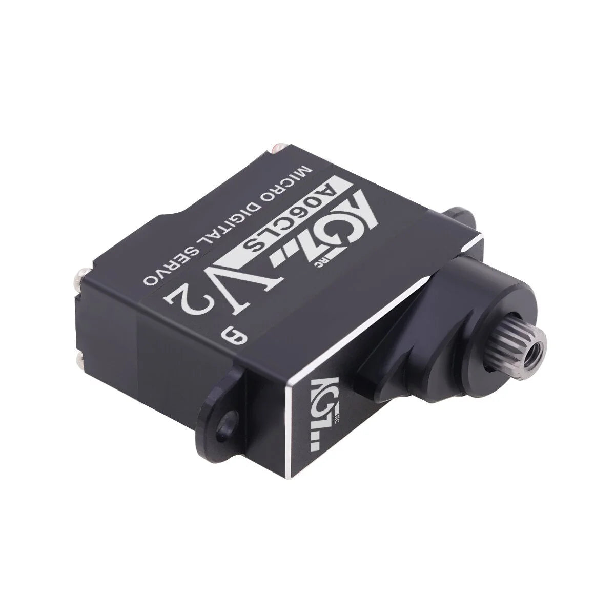 AGF RC A06CLS v2 digital coreless micro servo for RC car, showcasing compact design and motor components in a close-up view.