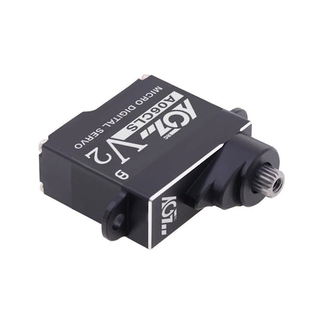 AGF RC A06CLS v2 digital coreless micro servo for RC car, showcasing compact design and motor components in a close-up view.
