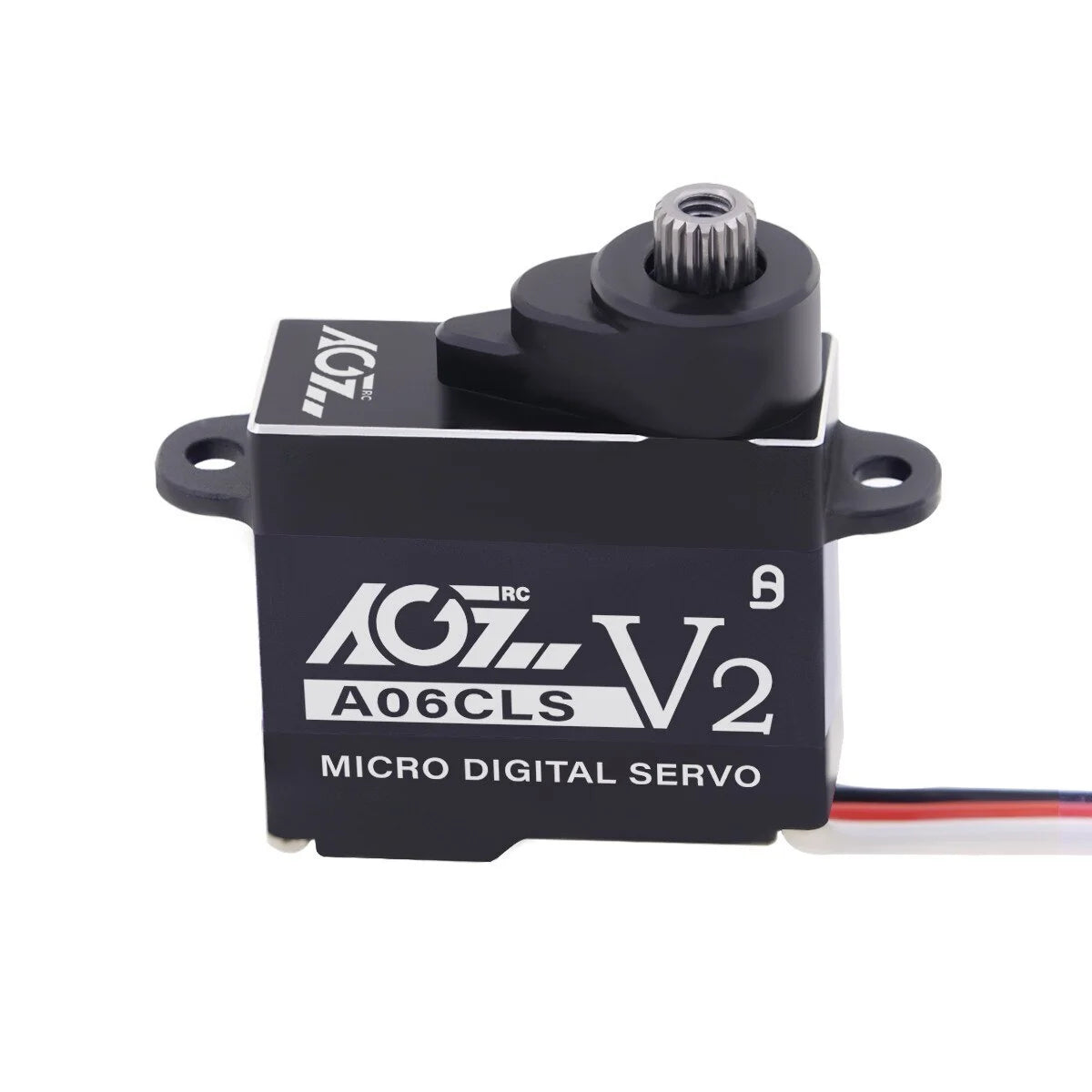 AGF RC A06CLS v2 digital coreless micro servo for RC cars, showing compact design and electrical connectors