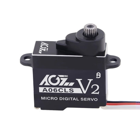 AGF RC A06CLS v2 digital coreless micro servo for RC cars, showing compact design and electrical connectors