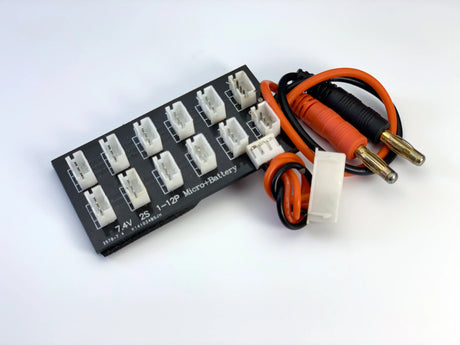 Hobby Addicts JST-PH parallel charging board with multiple ports for lithium battery charging, shown with connected charging cables.