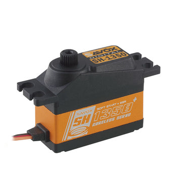 Savox SH-1350P mini coreless digital servo for RC cars, showing compact size and detailed electronic components.