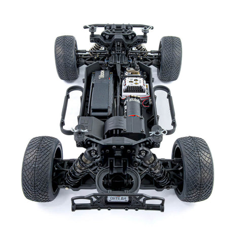 Rear top view of Tekno SCT410 2.0 1/10th scale 4x4 short course truck kit, showcasing the vehicle's rear chassis and suspension components.
