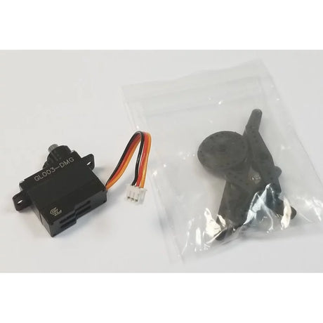 GL Racing Metal Gear Servo GL003-DMG showing a compact metal gear servo with wiring and mounting arms for RC car applications