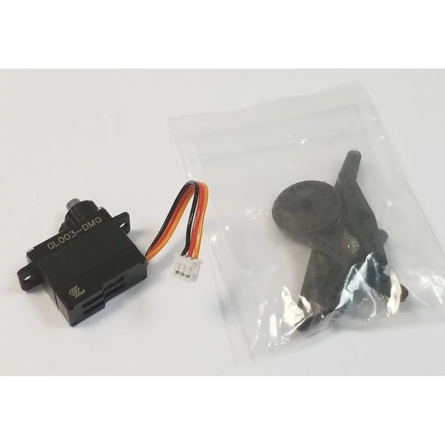 GL Racing Metal Gear Servo GL003-DMG showing a compact metal gear servo with wiring and mounting arms for RC car applications