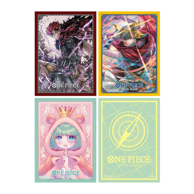 Bandai One Piece TCG official card sleeves set of 9 with colorful character artwork on protective sleeves.