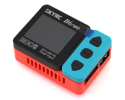 SkyRC B6Neo LiPo/LiHV/LiFe DC battery charger with digital display and control buttons, showing charging port and screen interface.