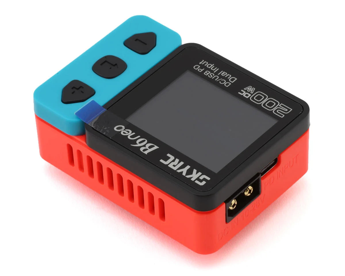 SkyRC B6Neo LiPo/LiHV/LiFe DC battery charger displaying settings and LCD screen with connected batteries.