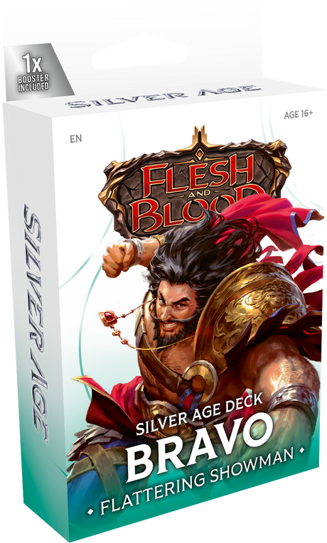 Collectible trading card deck from Flesh and Blood Silver Age Chapter 1 by Legends Story Studios, featuring character artwork on the cards.
