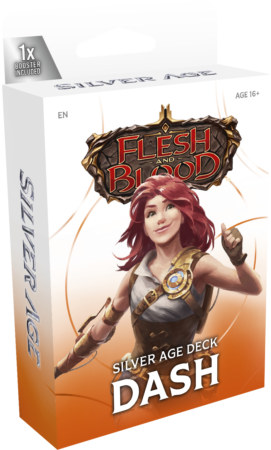 Flesh and Blood Silver Age Chapter 1 Starter Decks collectible trading cards by Legends Story Studios displayed on a table.