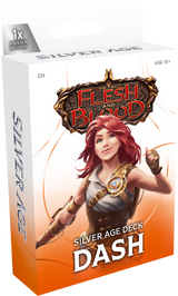 Flesh and Blood Silver Age Chapter 1 Starter Decks collectible trading cards by Legends Story Studios displayed on a table.