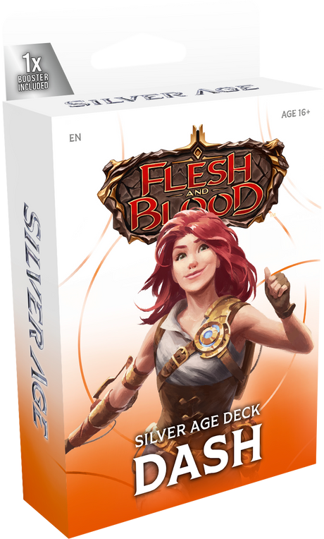 Flesh and Blood Silver Age Chapter 1 Starter Decks collectible trading cards by Legends Story Studios displayed on a table.