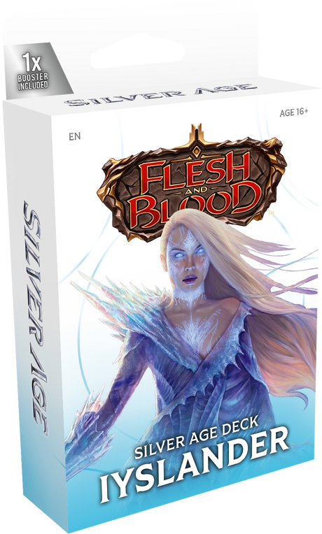Flesh and Blood Silver Age Chapter 1 Starter Decks collectible trading cards by Legends Story Studios, featuring character artwork and game cards.