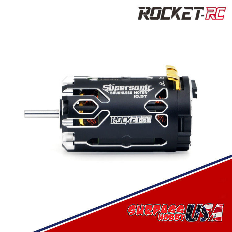 Surpass Hobby Rocket-RC Supersonic 380 sensored brushless motor for RC cars, shown mounted on a vehicle with wiring and cooling fins.