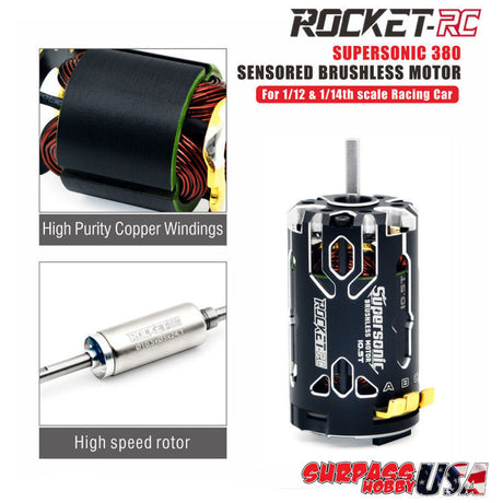 Surpass Hobby Rocket-RC Supersonic 380 sensored brushless motor for RC cars, shown with wiring and mounting details.