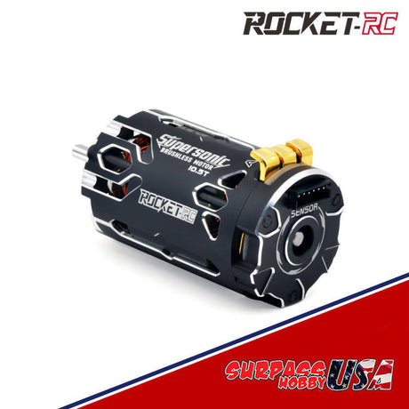 Surpass Hobby Rocket-RC Supersonic 380 sensored brushless motor for RC cars, shown with wiring and mounting components.